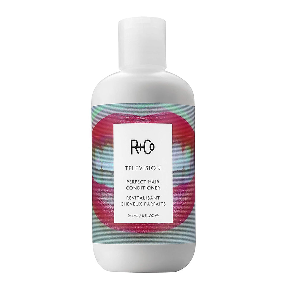 R+Co Television Perfect Hair Conditioner bottle highlights lightweight moisture for all hair types.