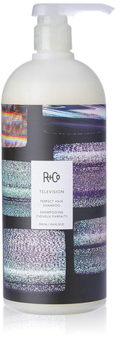 R+Co Television Perfect Hair Shampoo bottle on display highlighting body and shine.