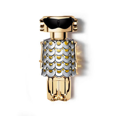 Rabanne Fame bottle front view highlights the chainmail-inspired design for glamorous scent moments.