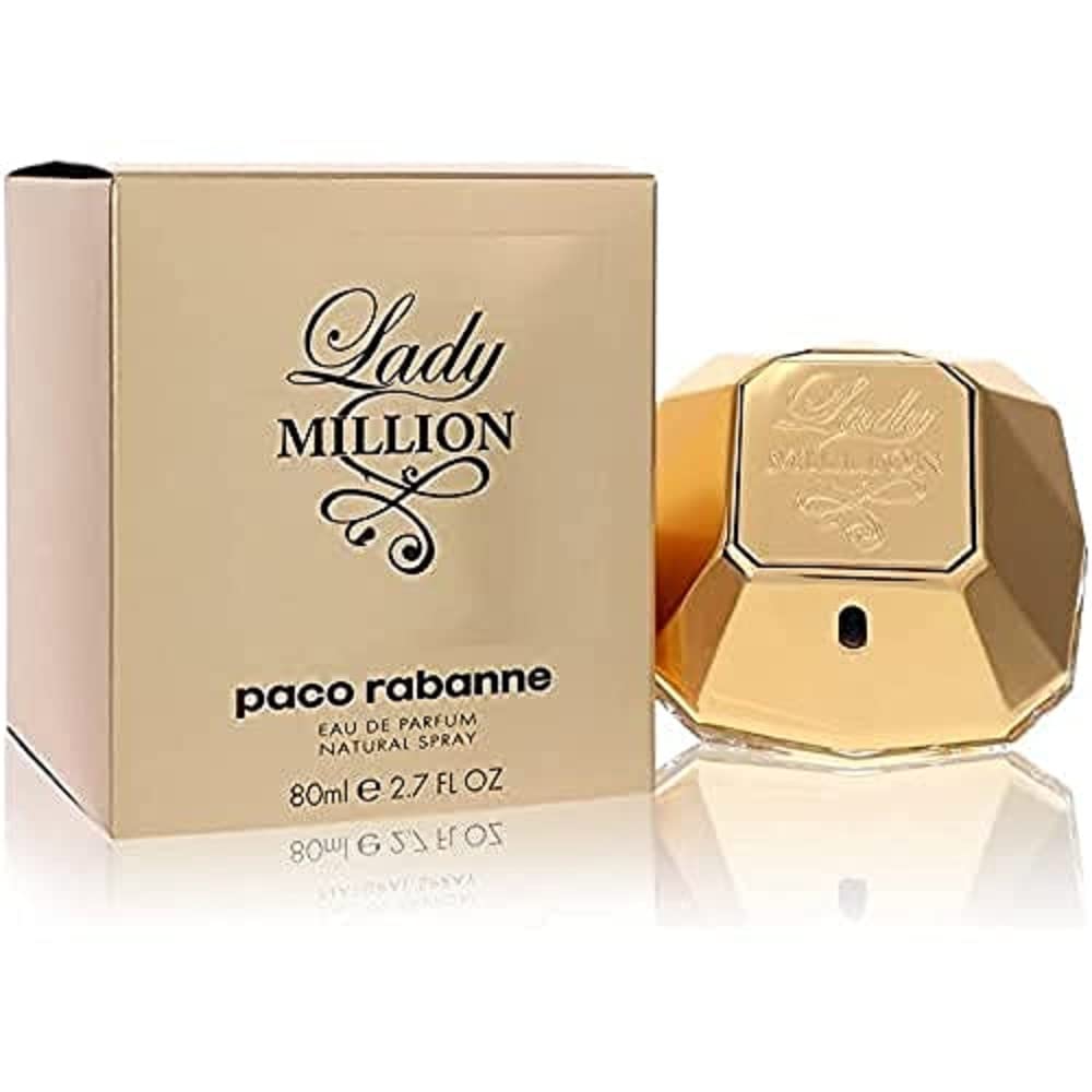 Rabanne Lady Million EDP bottle front view with gold tones for everyday luxury