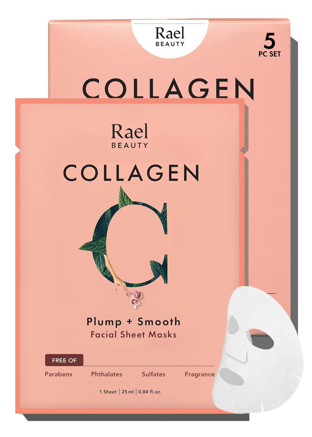 Rael mascarilla facial de colágeno en hoja de bambú ofrece hidratación suave y uniforme.