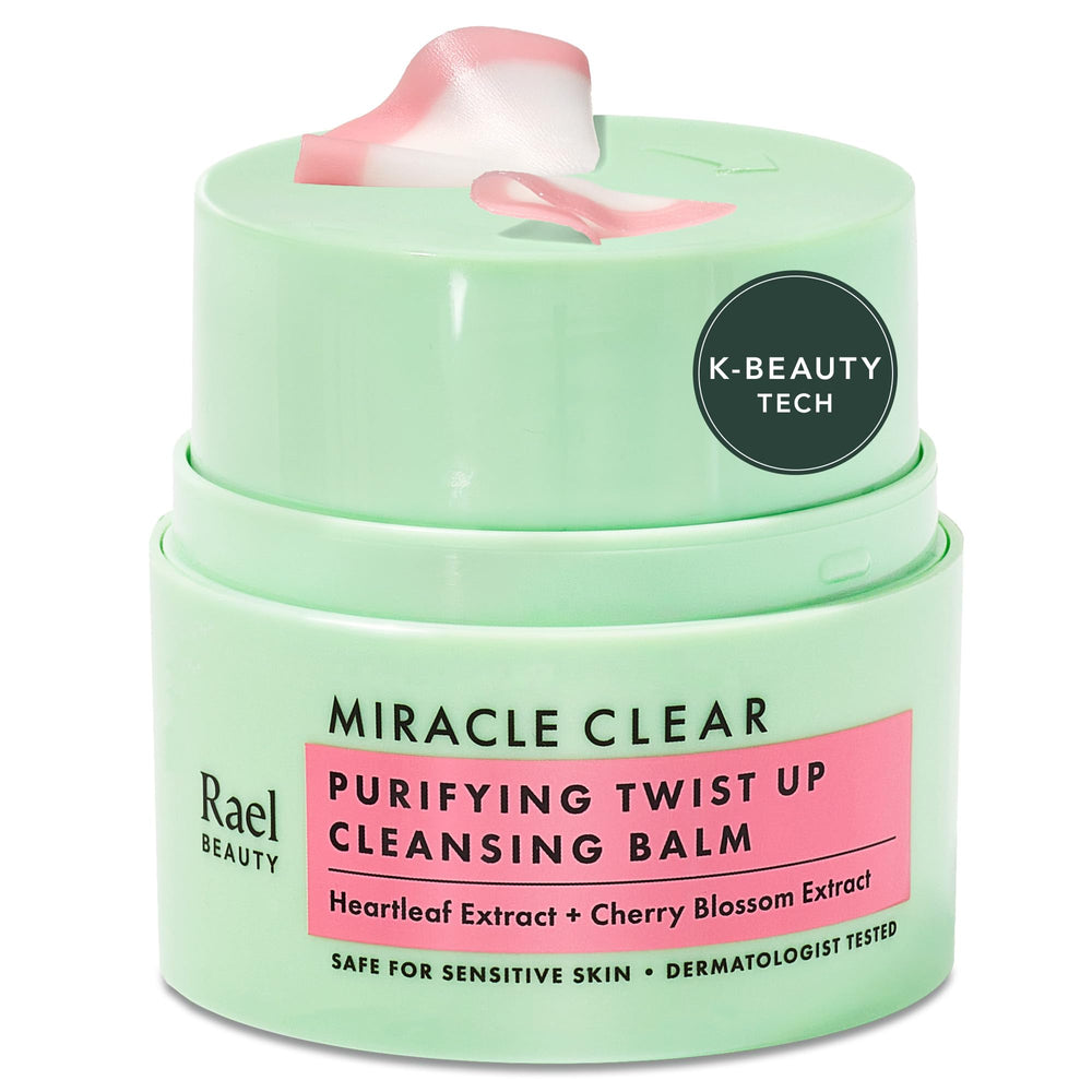 Rael Miracle Clear cleanser twist-up design for mess-free makeup removal.