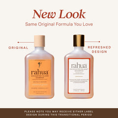 Rahua Enchanted Island Shampoo label closeup highlighting sulfate-free formula.