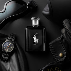Ralph Lauren Polo Black bottle on a matte surface for modern elegance.