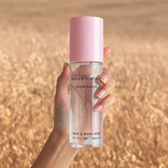 Ralph Lauren Romance hair mist bottle display highlights elegant packaging.