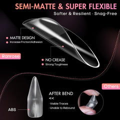 Ranrose full-cover nail tips in clear finish for quick salon-like extensions.
