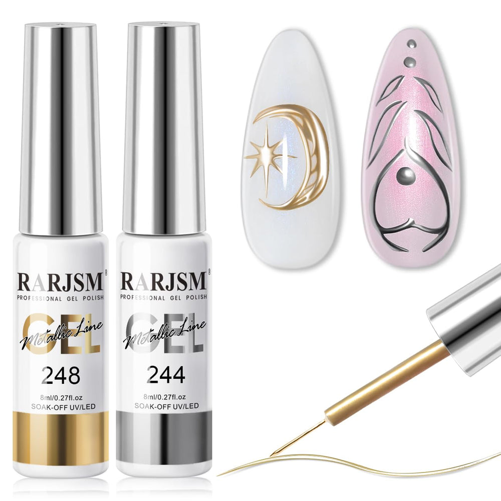 RARJSM Liner Gel metalico en plata, oro y bronce con acabado espejo para uñas.
