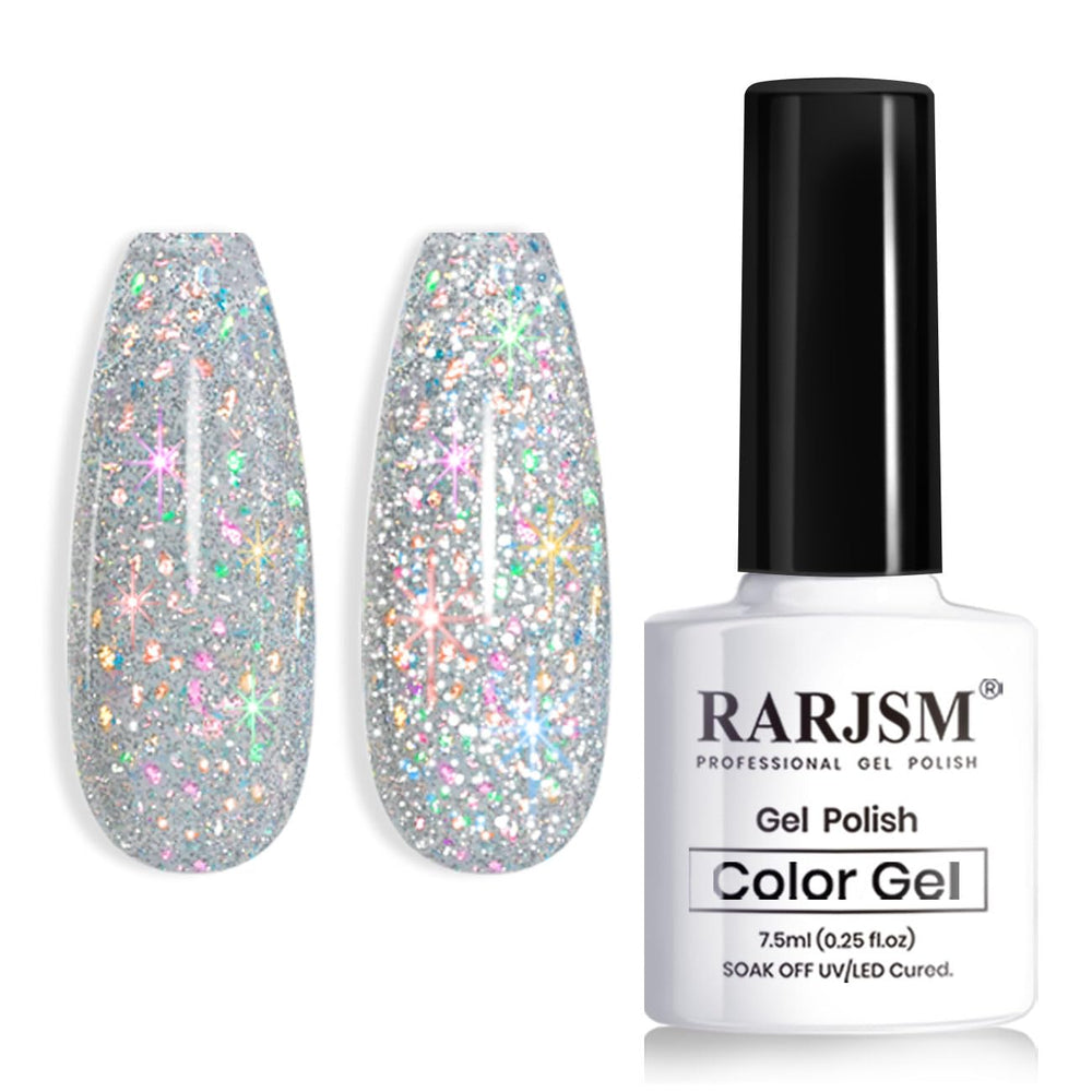 RARJSM reflective glitter gel bottle with rainbow sparkle for party-ready nails.