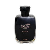 RASASI Hawas Black bottle front view, citrus-woody notes ideal for everyday wear.