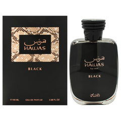 Rasasi Hawas Black bottle front view, modern masculine fragrance for daily wear.