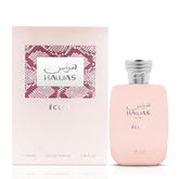 Rasasi Hawas Eclat bottle front view with rose-gold accents, elegant gifting look