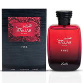 RASASI Hawas Fire bottle front view showcases bold masculine design for evening wear.