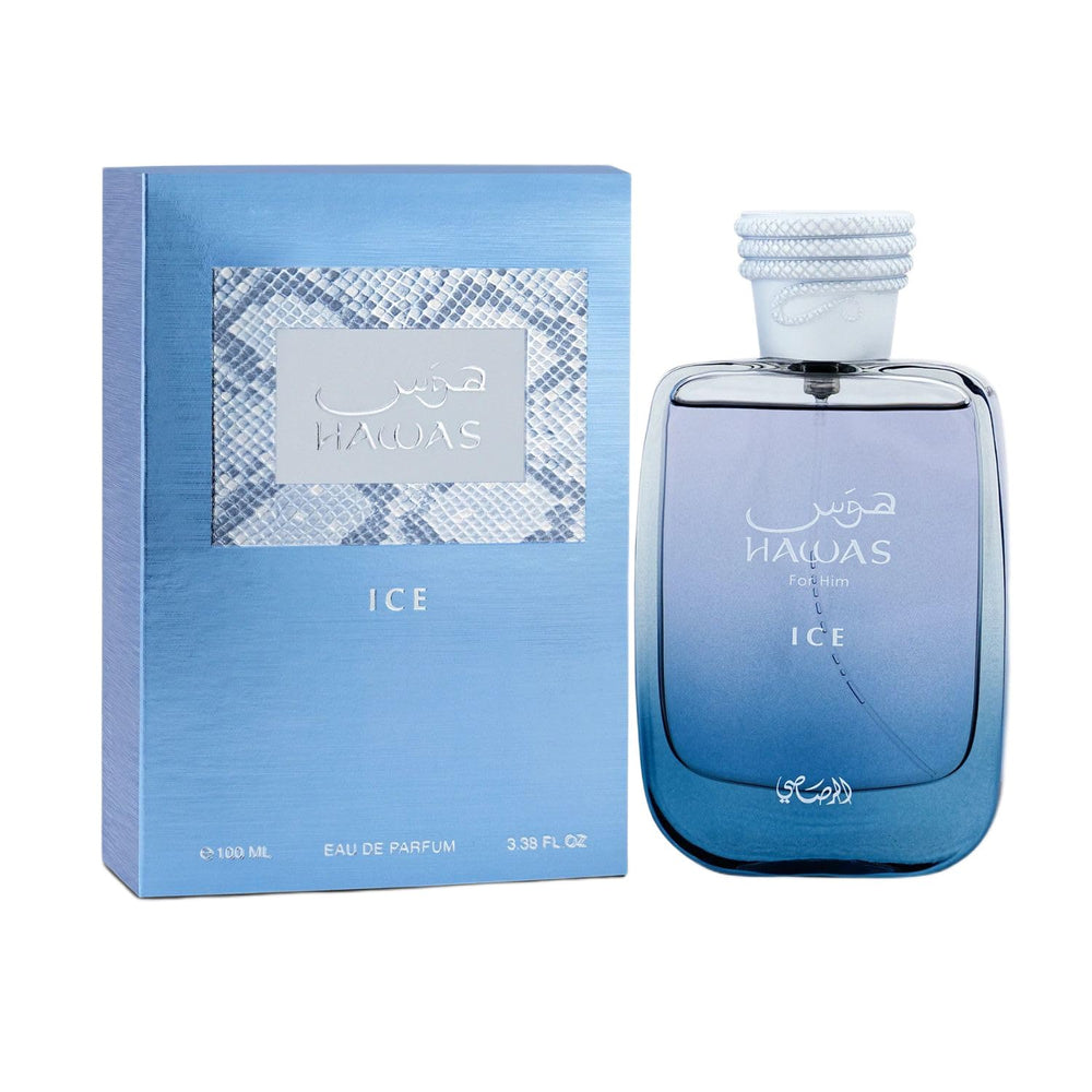 RASASI Hawas Ice for Men bottle close-up highlights crisp top notes and premium scent