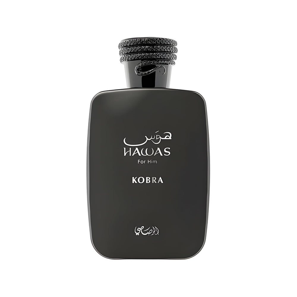 Rasasi Hawas Kobra bottle front view highlighting premium design and bold presence