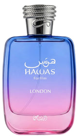 Rasasi Hawas London bottle pour showing long-lasting fragrance for daily wear.