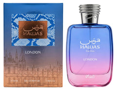 Rasasi Hawas London packaging showcases premium presentation for upscale gifting.