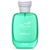 Rasasi Hawas Tropical bottle front view, ideal for daytime wear and tropical freshness.