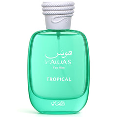 Rasasi Hawas Tropical bottle front view, ideal for daytime wear and tropical freshness.
