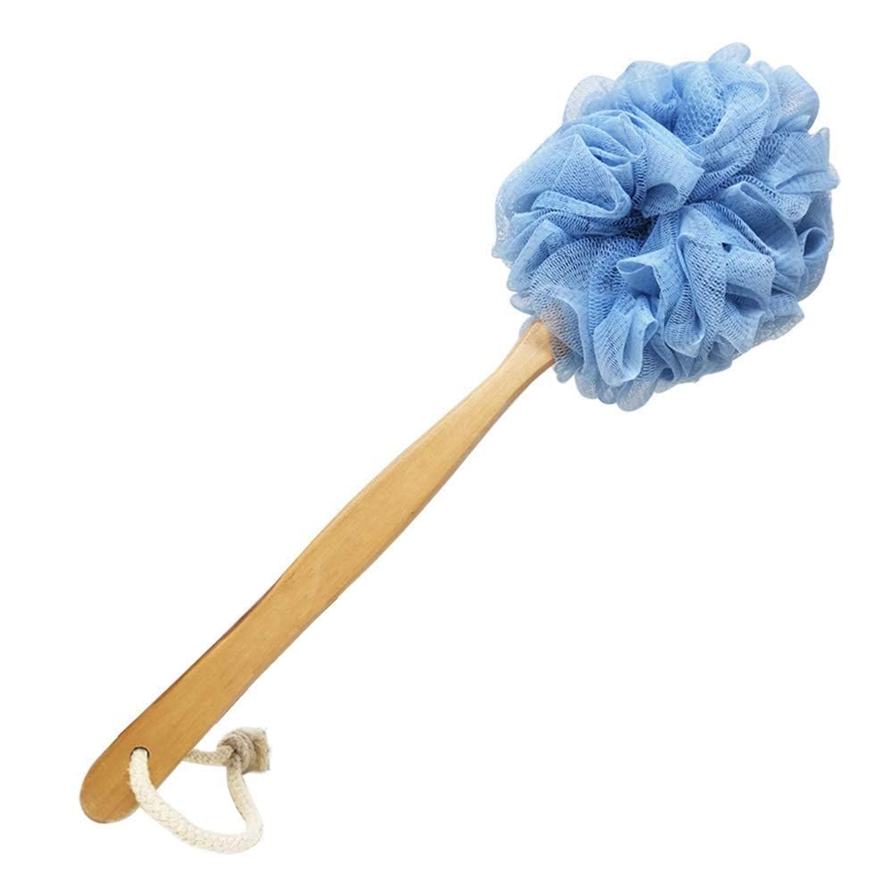 RASDDER back scrubber with wooden handle reaching difficult areas for a thorough cleanse.