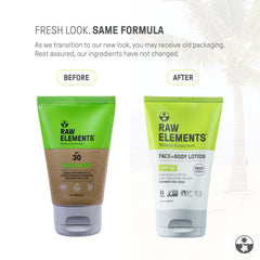 Raw Elements aplicación suave para rostro y cuerpo en piel expuesta.