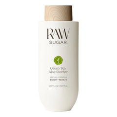 RAW SUGAR Green Tea Aloe Soother en botella, hidrata y calma la piel sensible.