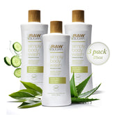 RAW SUGAR Green Tea Aloe Soother bottle demonstrates gentle, hydrating cleanse for sensitive skin.