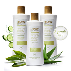RAW SUGAR Green Tea Aloe Soother bottle demonstrates gentle, hydrating cleanse for sensitive skin.
