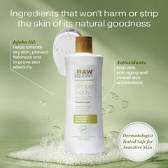 RAW SUGAR Green Tea Aloe Soother ingredients label reveals plant-based oils for skin nourishment.