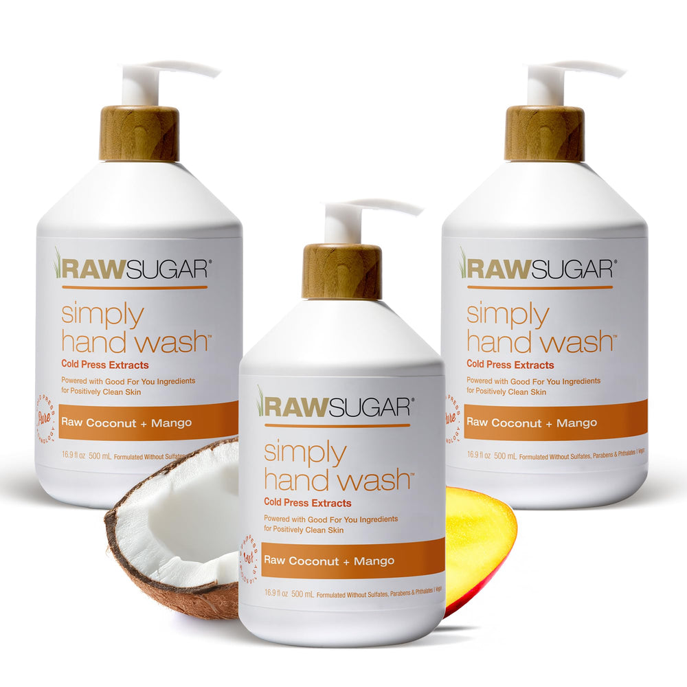 Jabón líquido para manos RAW SUGAR en botella, aroma a coco y mango para uso diario.