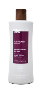 RAW SUGAR men's body wash bottle with black coconut and sea salt for a hydrating cleanse.