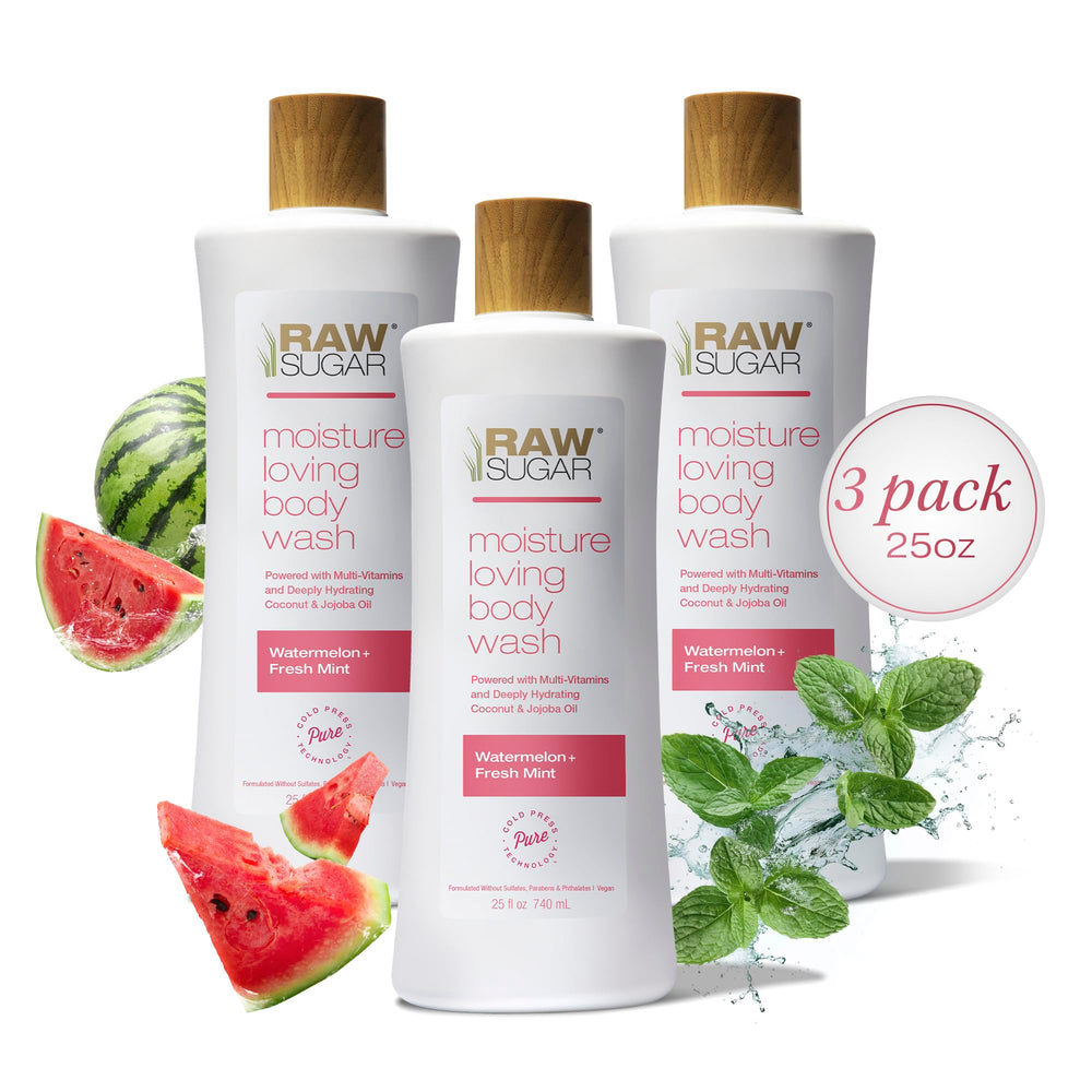 RAW SUGAR Watermelon Mint Refresh bottle pour showing quick, invigorating cleansing