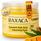 RAXACA Kojic Turmeric exfoliating pads pack for gentle cleansing and brightening.