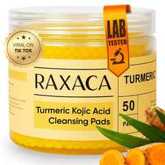 RAXACA Kojic Turmeric exfoliating pads pack for gentle cleansing and brightening.