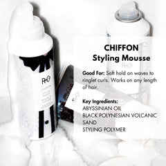 R+Co Chiffon Styling Mousse pump dispenser demonstrating easy, buildable hold