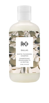 R+Co Dallas thickening shampoo bottle closeup highlights volumizing potential