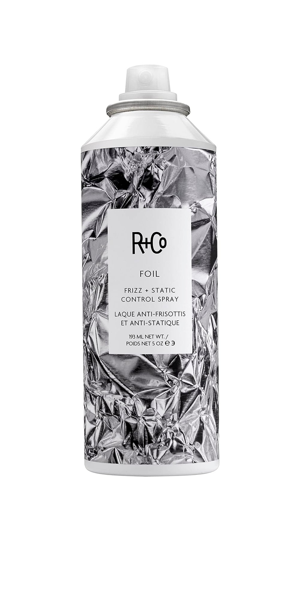 R+Co Foil Frizz + Static Control Spray bottle front view for smooth hair with shine.