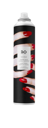 R+Co VICIOUS strong hold hairspray bottle shown for lasting finish.