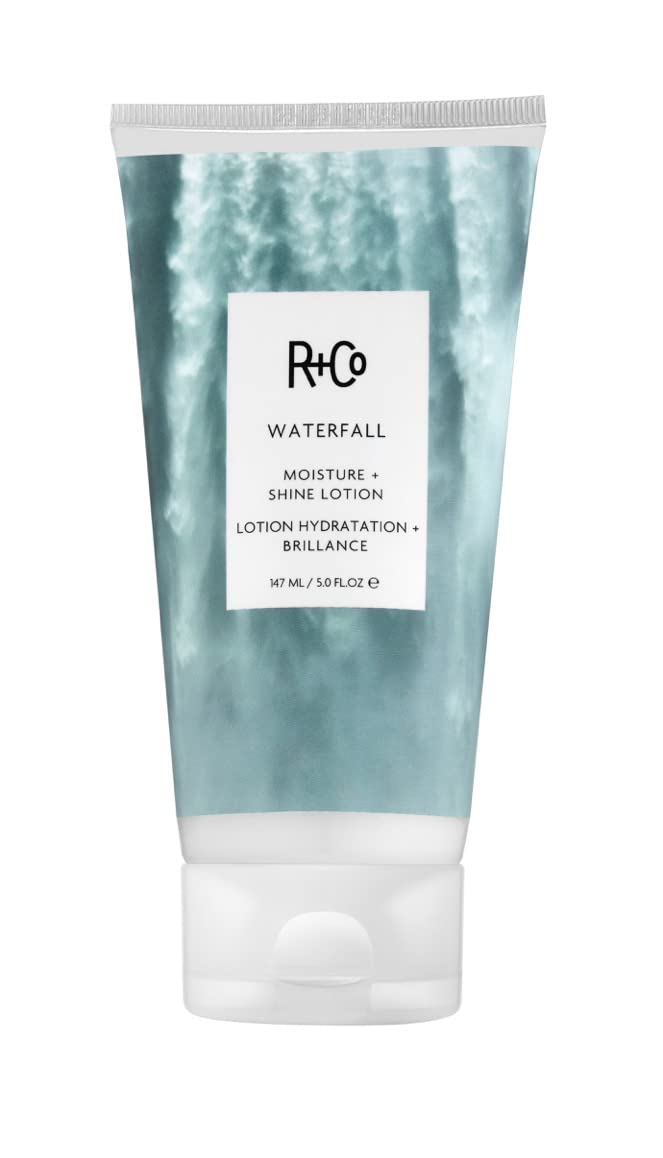 R+Co Waterfall bottle front view showing lightweight hydration for fine hair