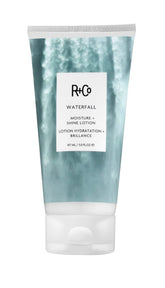R+Co Waterfall bottle front view showing lightweight hydration for fine hair