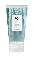 R+Co Waterfall bottle front view showing lightweight hydration for fine hair