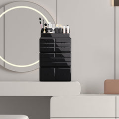 READAEER makeup organizer with drawers open showing easy access to lipsticks and brushes.