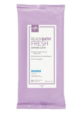 ReadyBath Fresh Cloths packaging shows disposable wipes for quick cleansing.