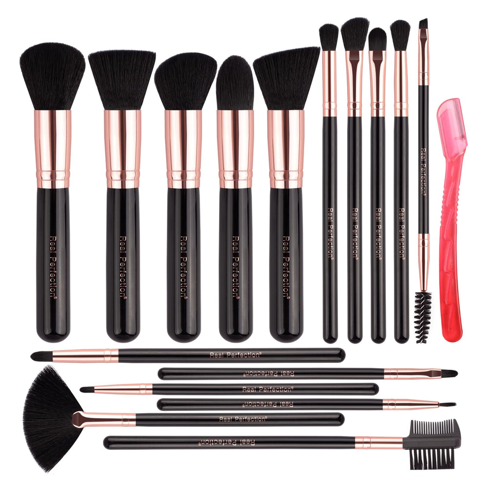 Real Perfection 16-piece makeup brush set in black with soft bristles for even foundation application.