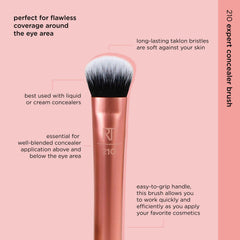 Real Techniques Expert Concealer Brush with Taklon bristles for soft, streak-free application.