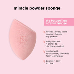 Real Techniques Miracle Powder Sponge rounded-side blending for seamless finish.