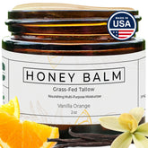 Really Good Blends Tallow Honey Balm jar close-up highlighting deep hydration for dry skin.