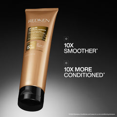 Redken All Soft Leave-In bottle with argan oil nourishes dry hair for smoothness.