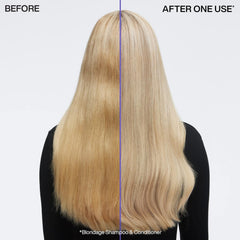 Redken Blondage bottle closeup highlights purple pigments for toning cooler blondes.