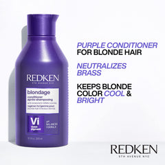 Close-up of Redken Blondage bottle pouring conditioner to reduce brassiness on blonde hair.