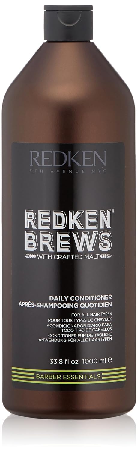 Redken Brews Daily Conditioner bottle pour for lightweight hydration and detangling.
